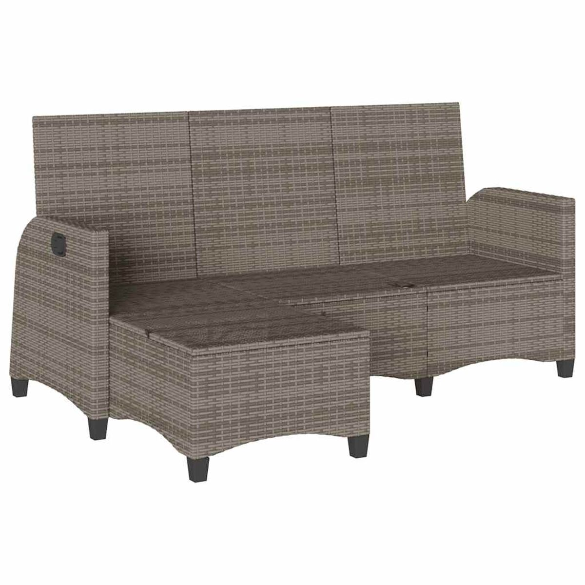 Braunes Rattansofa mit Fußstütze und schwarzen Beinen. Der Sitz ist unterteilt.