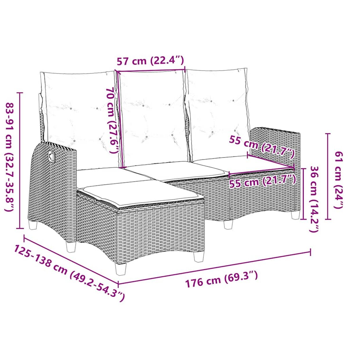 Rattansofa mit Maßen, einschließlich einer Ecke, und beschrifteten Messungen.