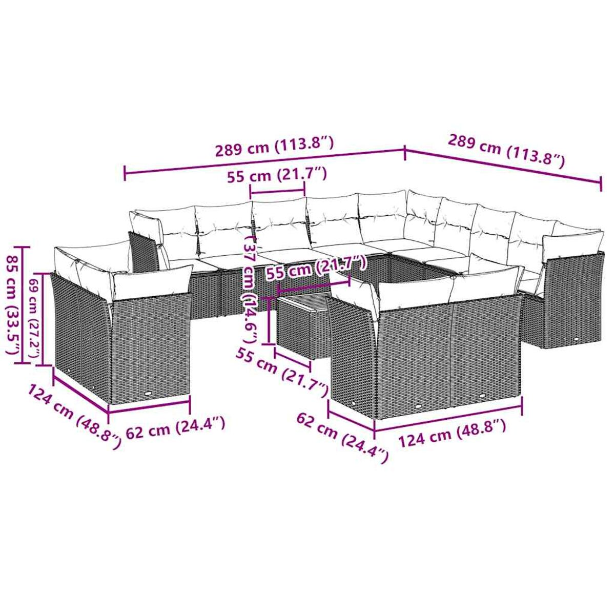 Diagramma di un divano componibile da esterno con dimensioni in cm e pollici.