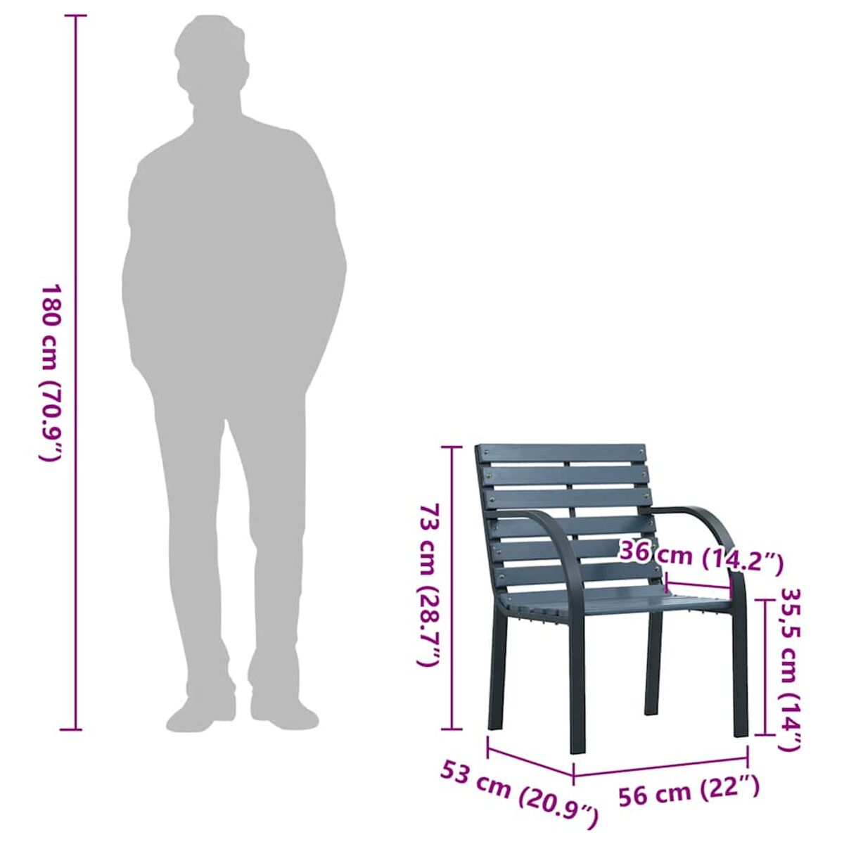 Silhouette einer Person neben einem Stuhl mit Größenangaben.