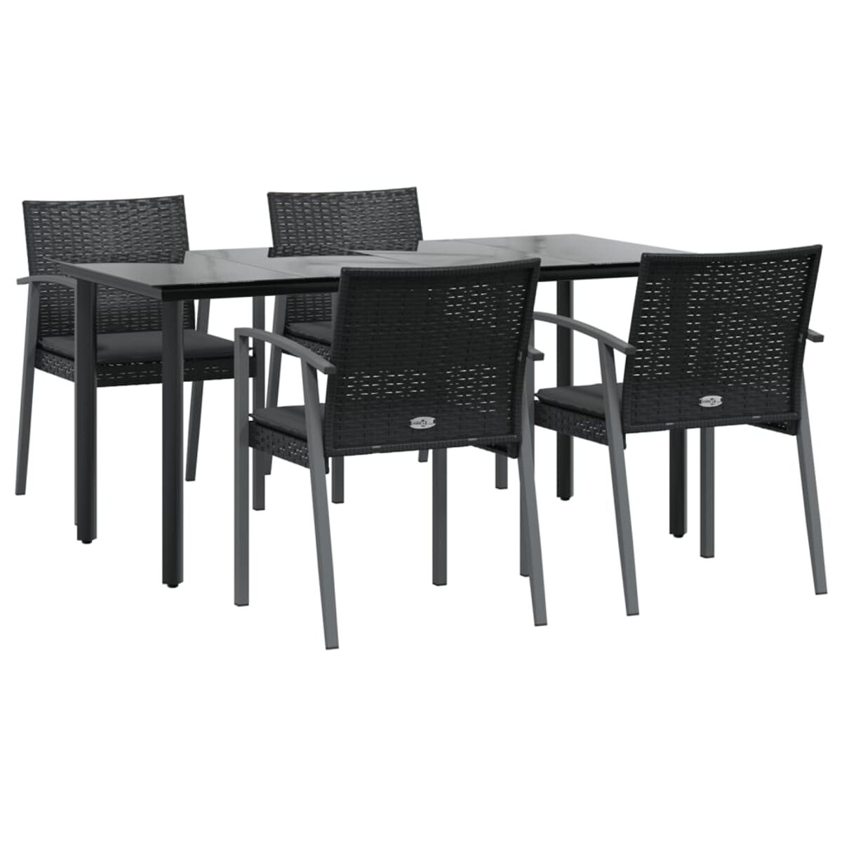 Essgruppe im Freien mit einem schwarzen Tisch und vier dunkelgrauen Korbstühlen.