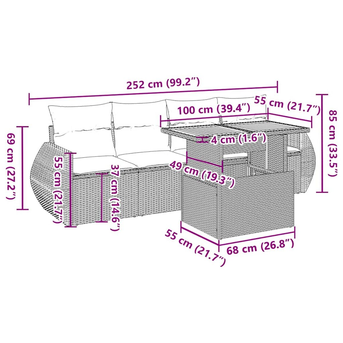 Set di mobili da esterno con dimensioni. Divano, tavolo e cuscini con materiale in vimini tessuto.