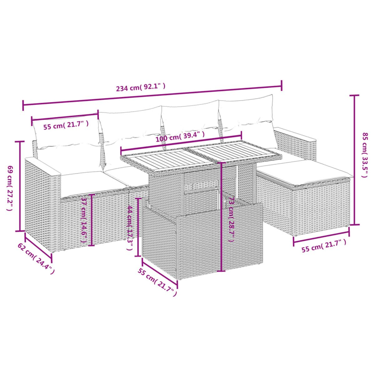 Geflochtenes Terrassenset mit Abmessungen. Enthält ein Sofa, einen Tisch und eine Fußstütze.