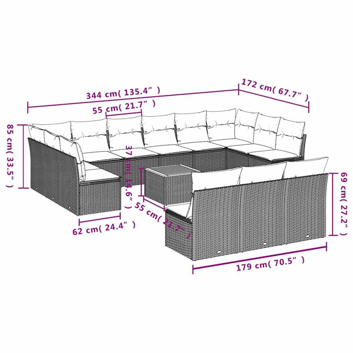 Set componibile da esterno con dimensioni. Divano componibile in vimini, tavolo e sedie. Misure in cm.