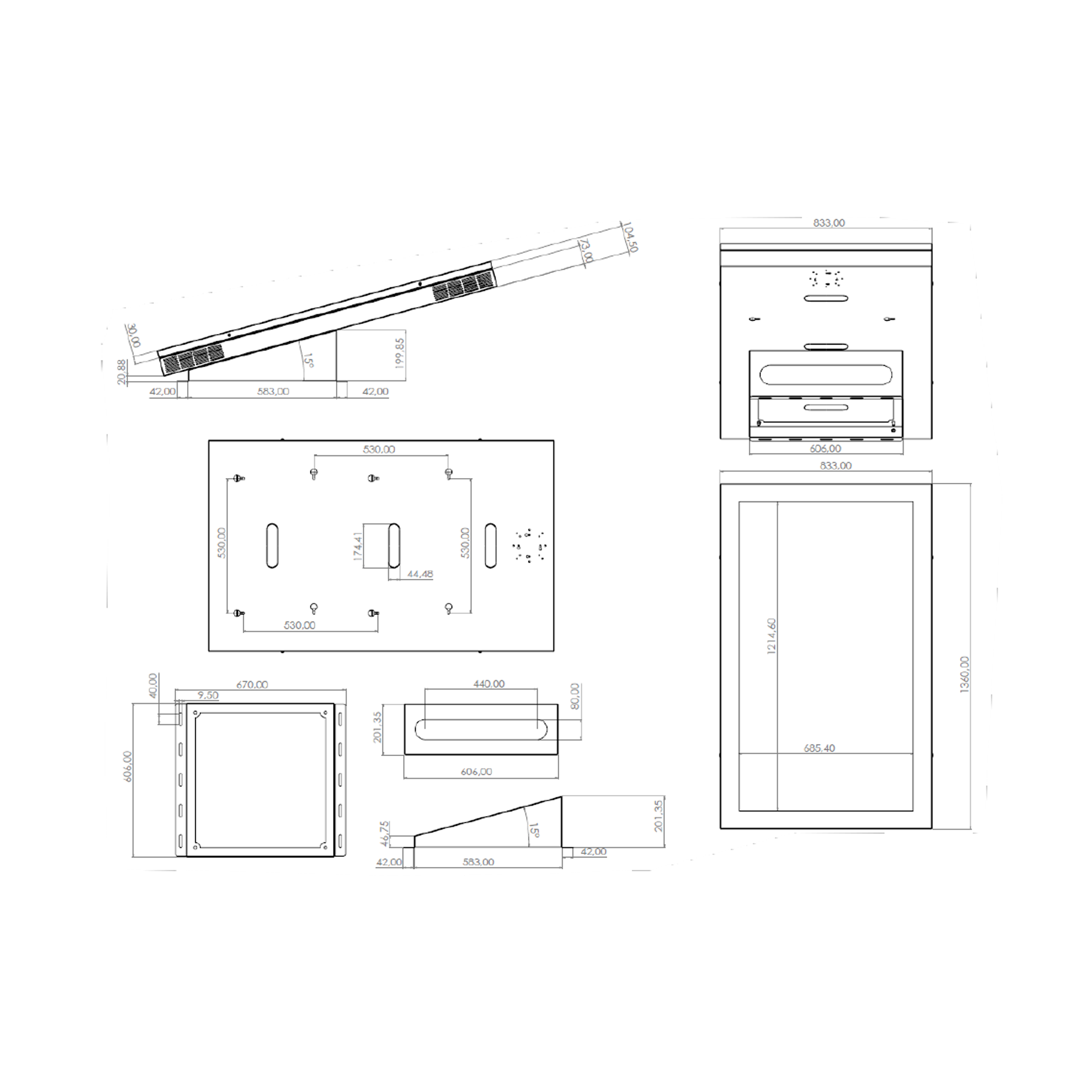 Disegno tecnico con dimensioni di un prodotto. Viste multiple del prodotto.