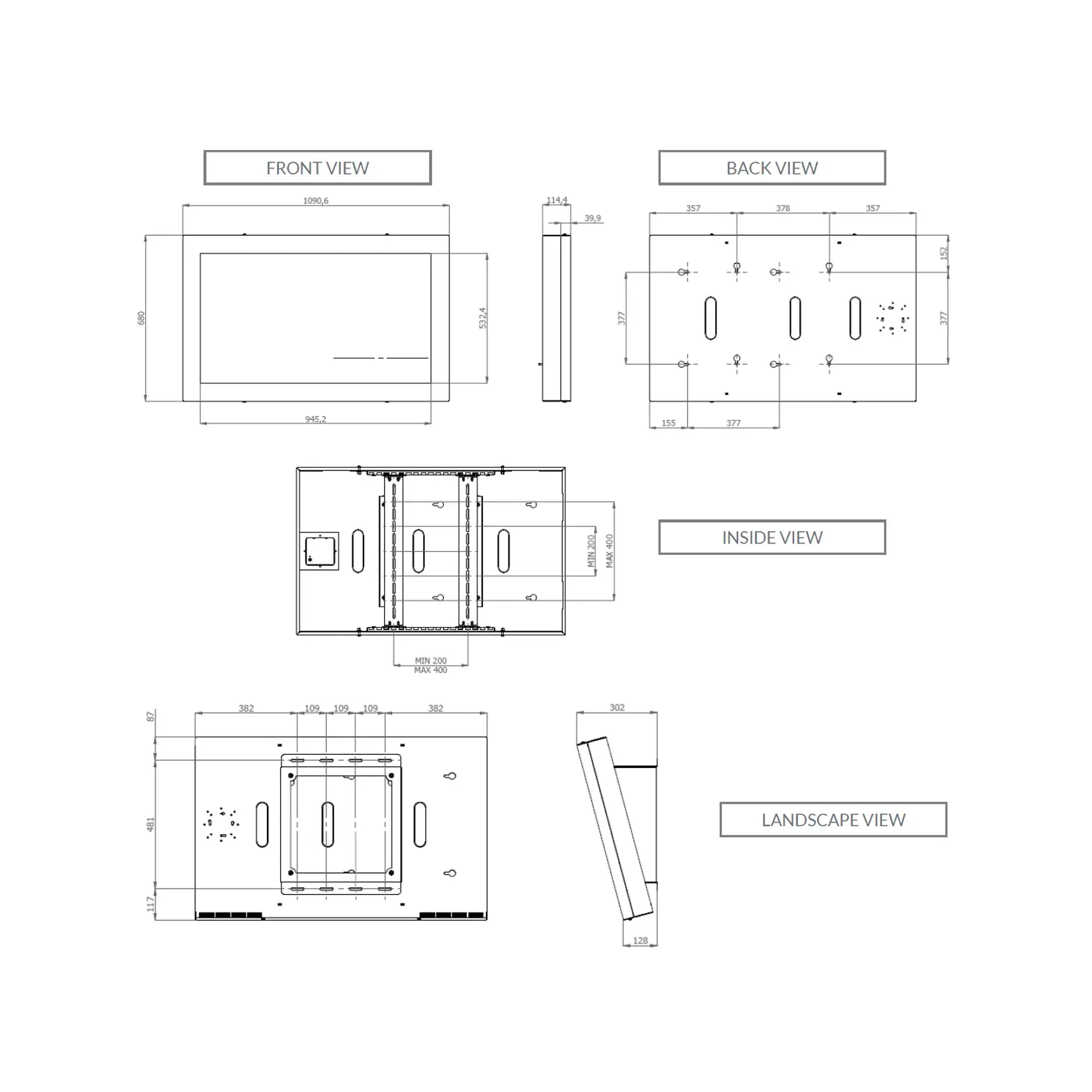 Disegno tecnico di un oggetto rettangolare. Mostra viste frontali, posteriori, interne e panoramiche.