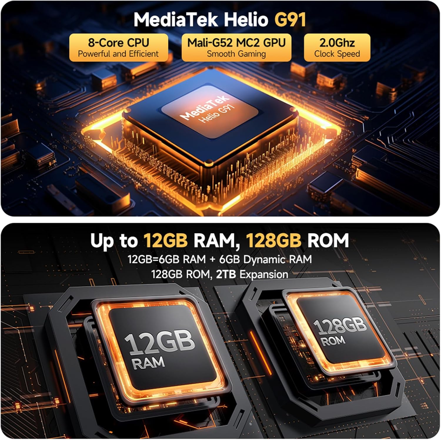 Zwei Diagramme, die den MediaTek Helio G91 Prozessor mit CPU-, GPU- und RAM-Spezifikationen beschreiben.