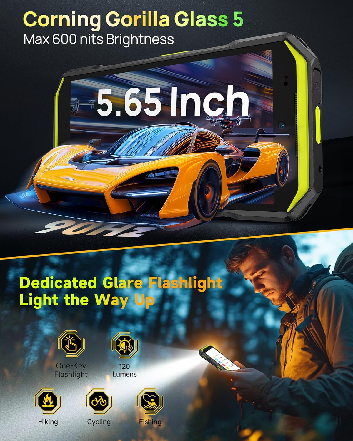 Ein Telefon mit einem gelben Sportwagen auf dem Bildschirm. Ein Mann nutzt das Licht des Telefons im Dunkeln.
