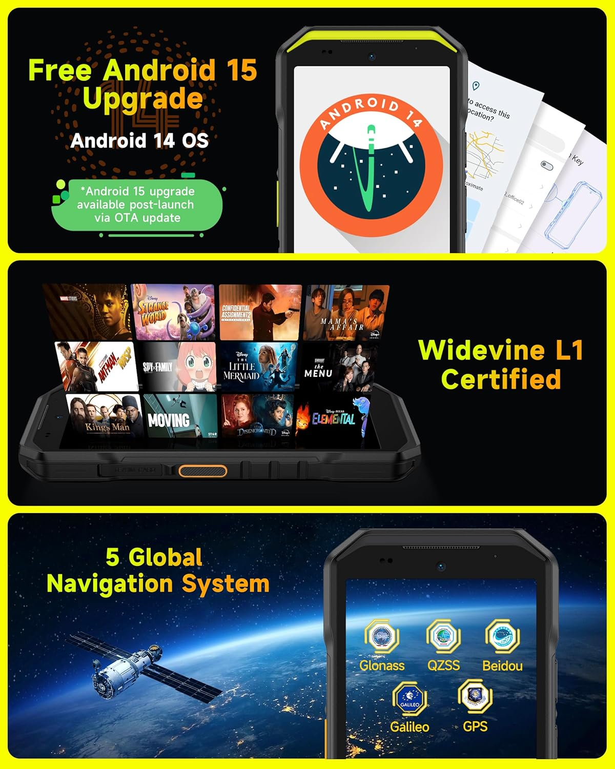 Smartphone mit Android 14 OS, 5 globalen Navigationssystemen und Widevine L1-Zertifizierung. Gelber Hintergrund.