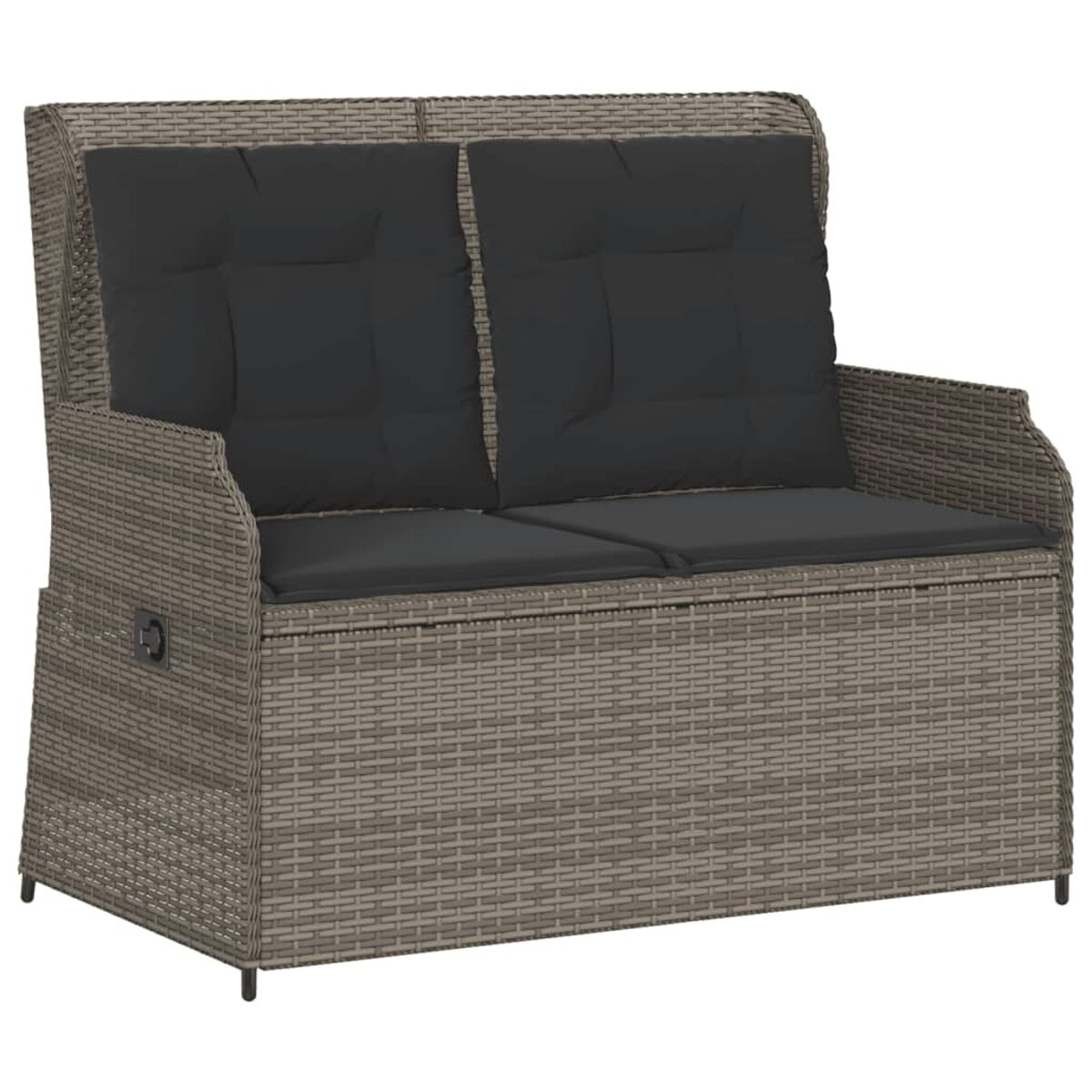Grauer gewebter Outdoor-Zweisitzer mit schwarzen Kissen. Schlichtes Design mit Griff an der Seite.