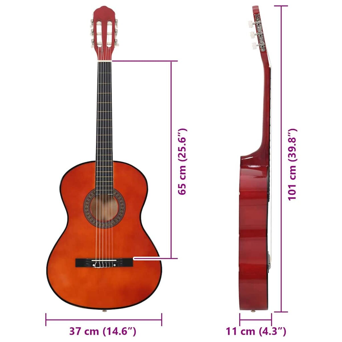 Akustikgitarre mit Maßen. Die Gitarre ist braun mit hellem Schallloch und Saiten.