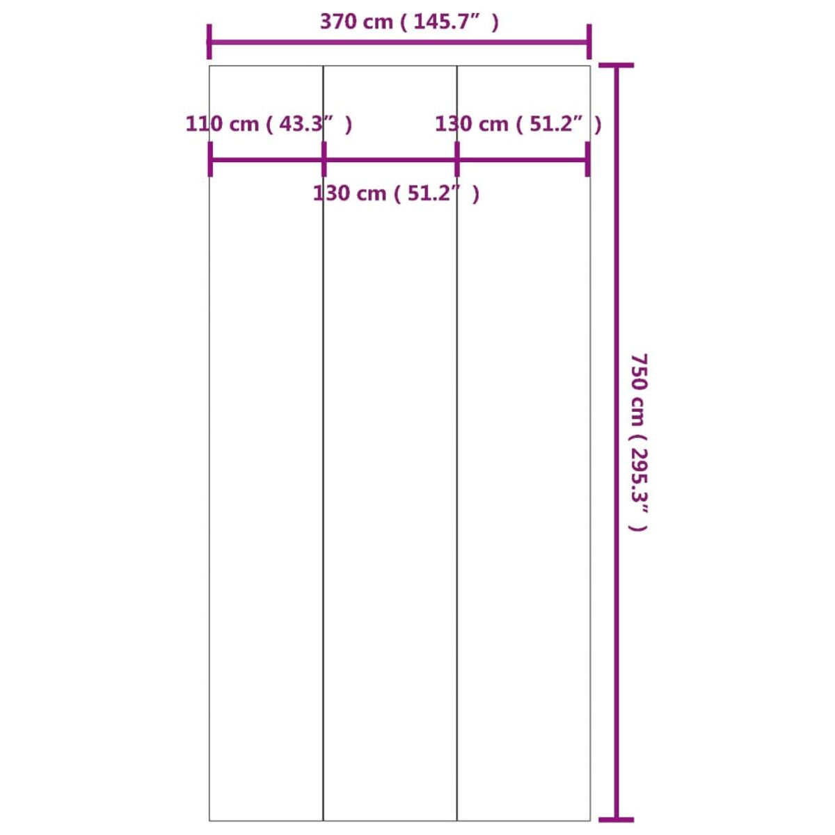 Diagramm mit Abmessungen. Rechtecke zeigen Abschnitte und Maße in cm/Zoll.