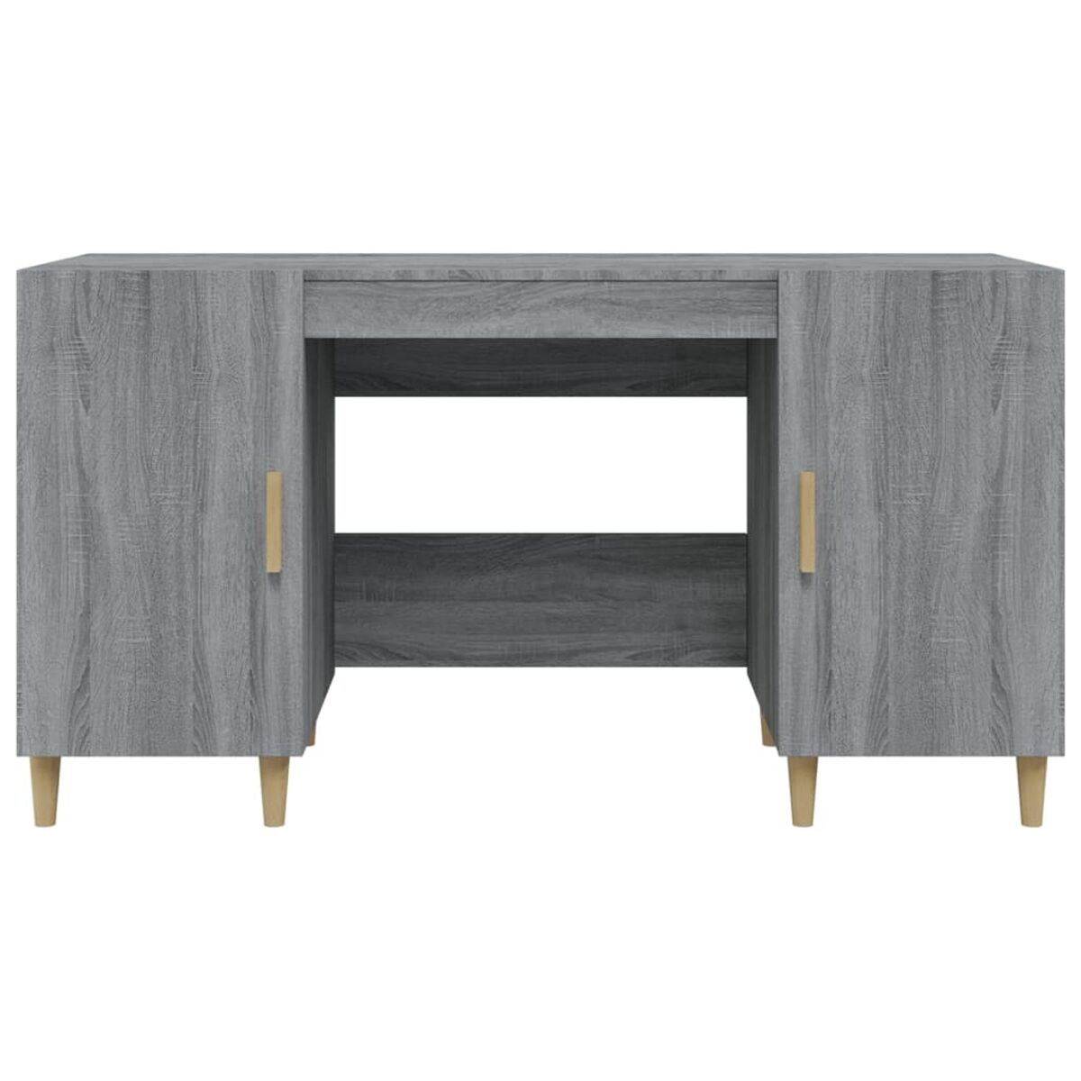 Ein grauer Holzschreibtisch mit Schubladen und einer Tastaturablage. Er hat ein modernes Design und befindet sich in einem Studio.