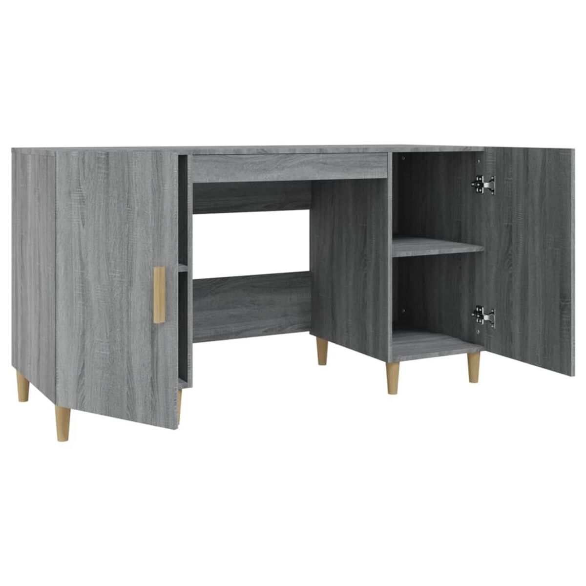 Grauer Holzschreibtisch mit offenen Türen, Regalen und Beinen.