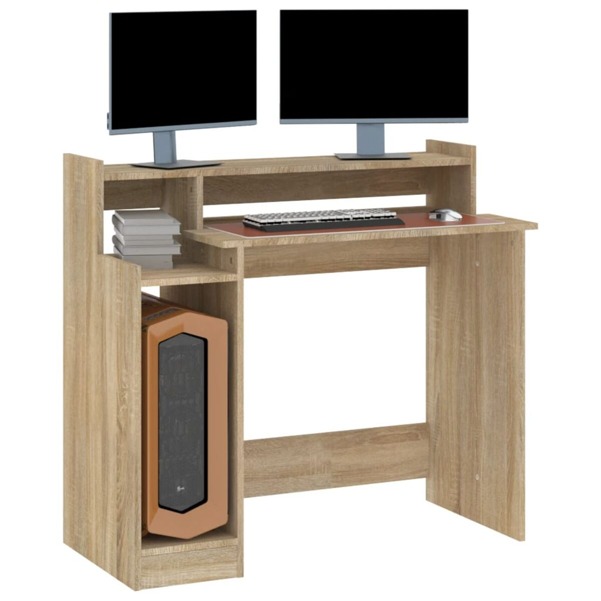 Holz-Computertisch mit zwei Monitoren, Tastatur und Computer. Der Tisch hat Regale.
