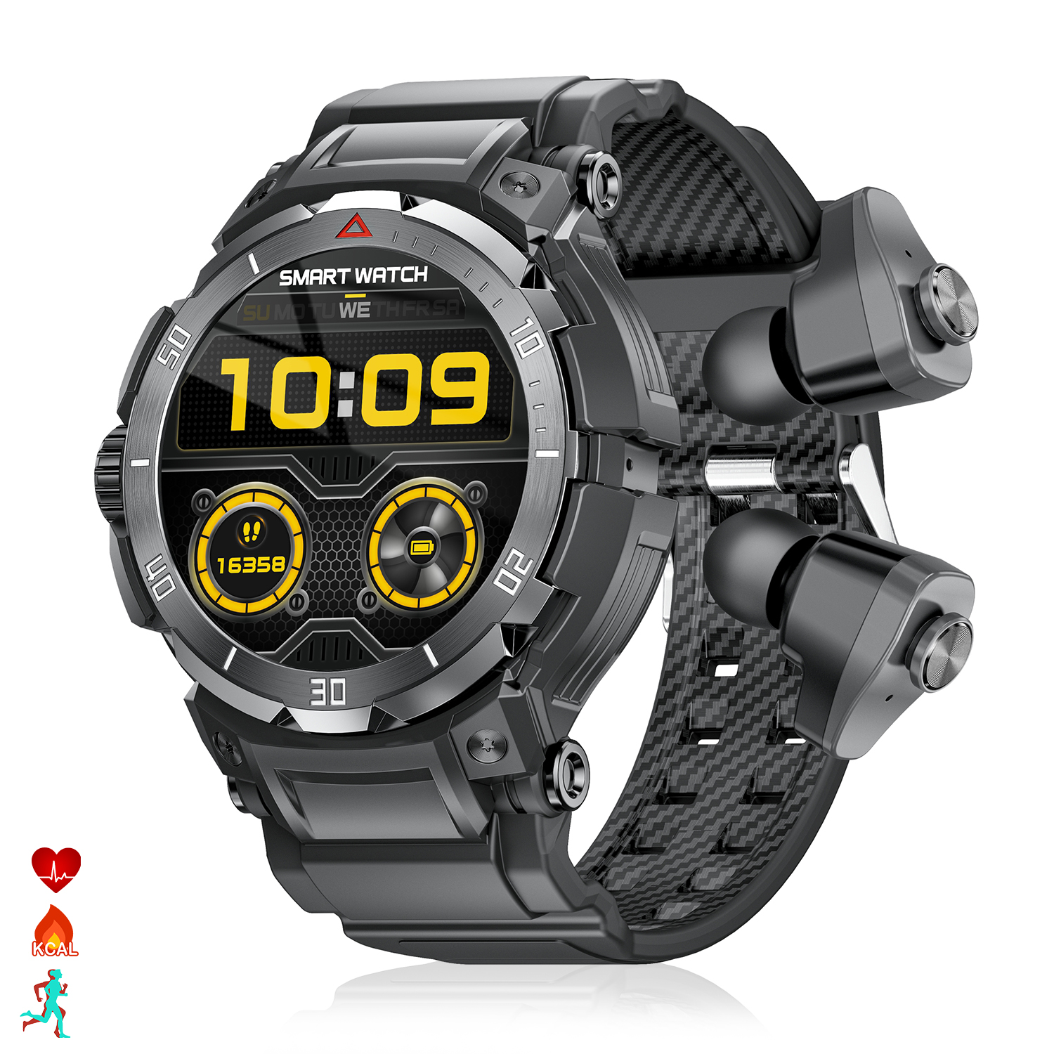 Smartwatch con auricolari, mostra ora e metriche di salute. Nero e grigio.