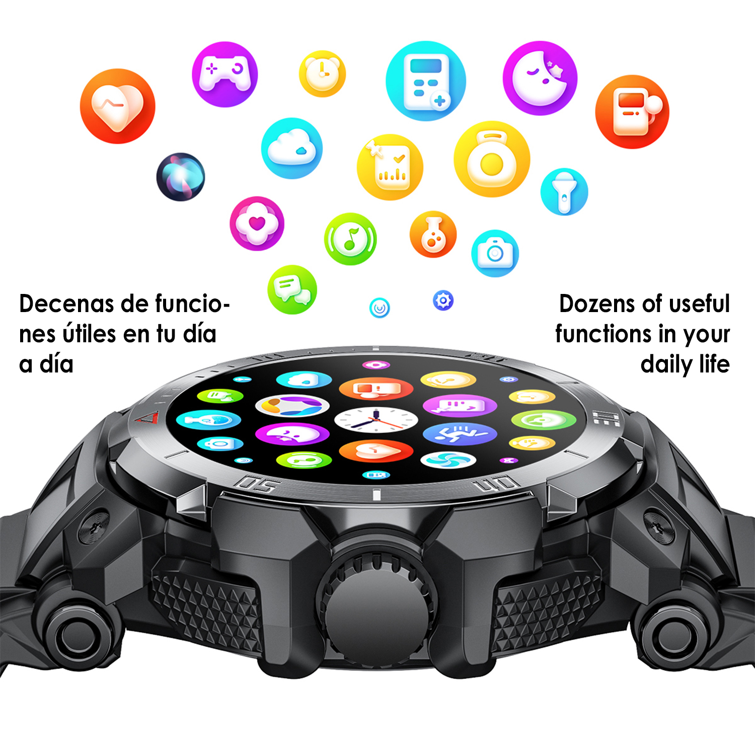 Uno smartwatch nero con schermo circolare, circondato da icone di app colorate e testo in spagnolo.