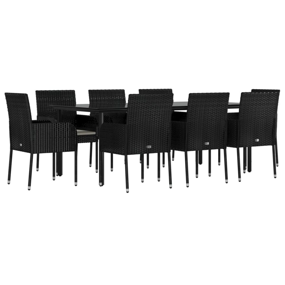Ein schwarzes Ess-Set aus Korbgeflecht mit acht Stühlen um einen rechteckigen Tisch.