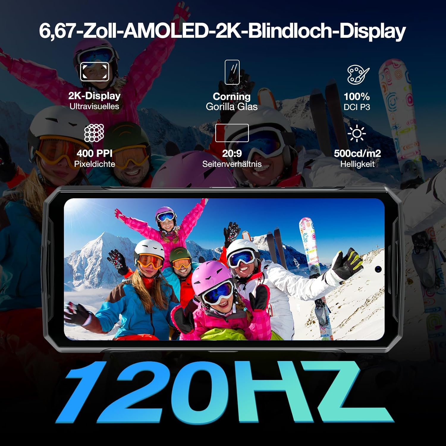 Ein Smartphone-Bildschirm zeigt Skifahrer mit Grafiken zu Display-Funktionen.