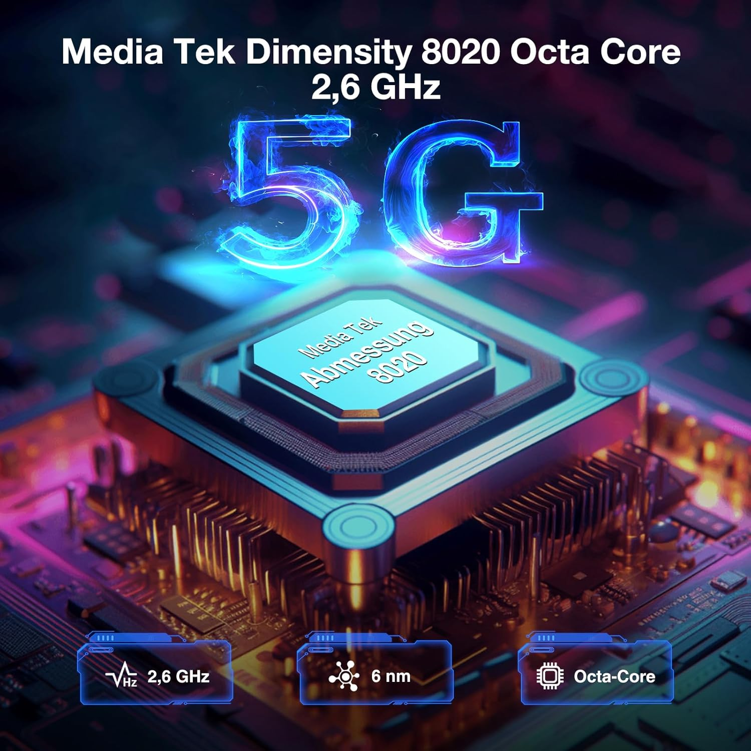 Nahaufnahme einer CPU mit Textüberlagerung, die 5G, Octa-Core und 2,6 GHz zeigt.