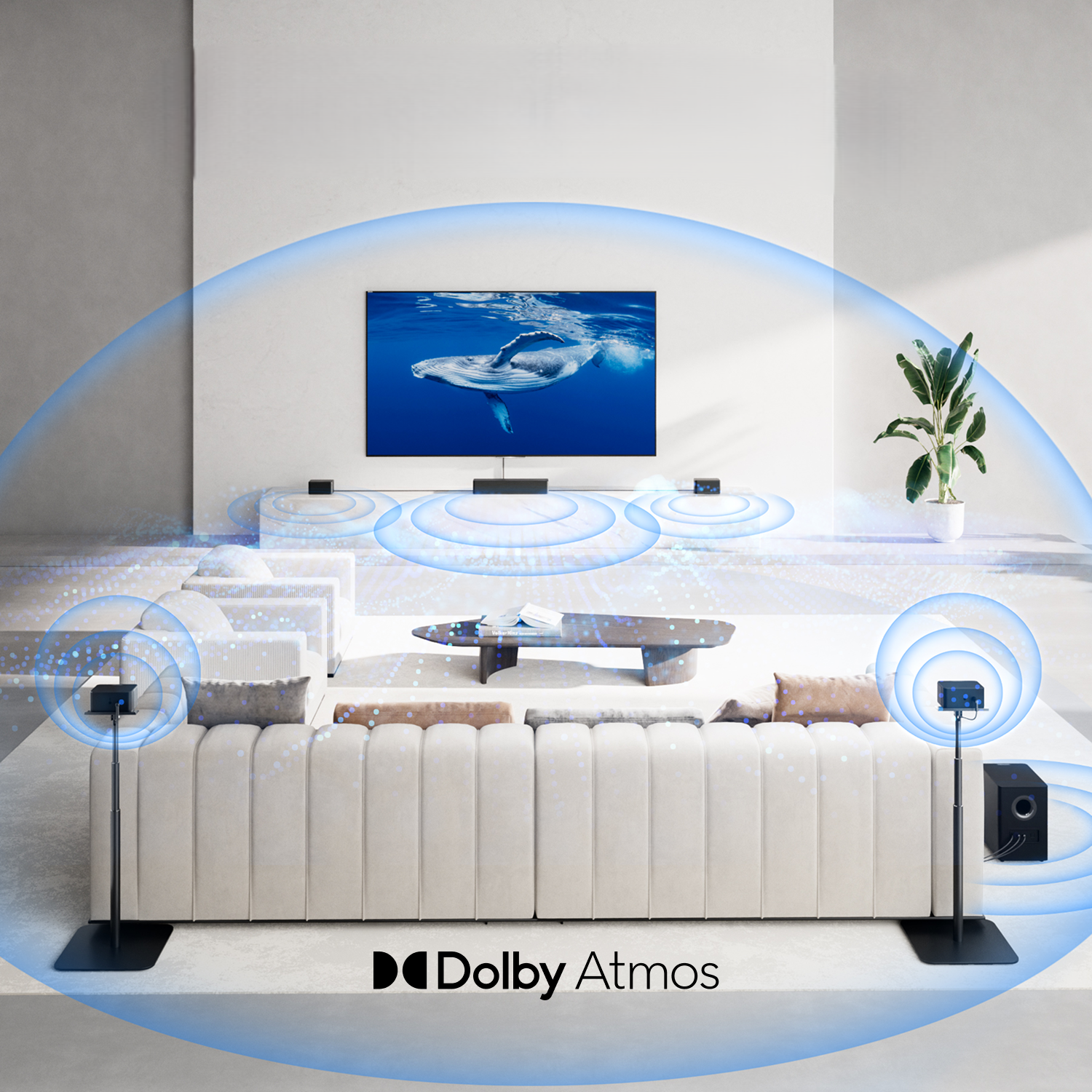 Scena salonu z kinem domowym. Fale dźwiękowe wokół TV, głośników i sofy.