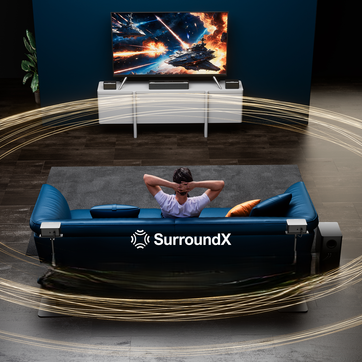 Mężczyzna relaksujący się na niebieskiej kanapie, oglądający film.