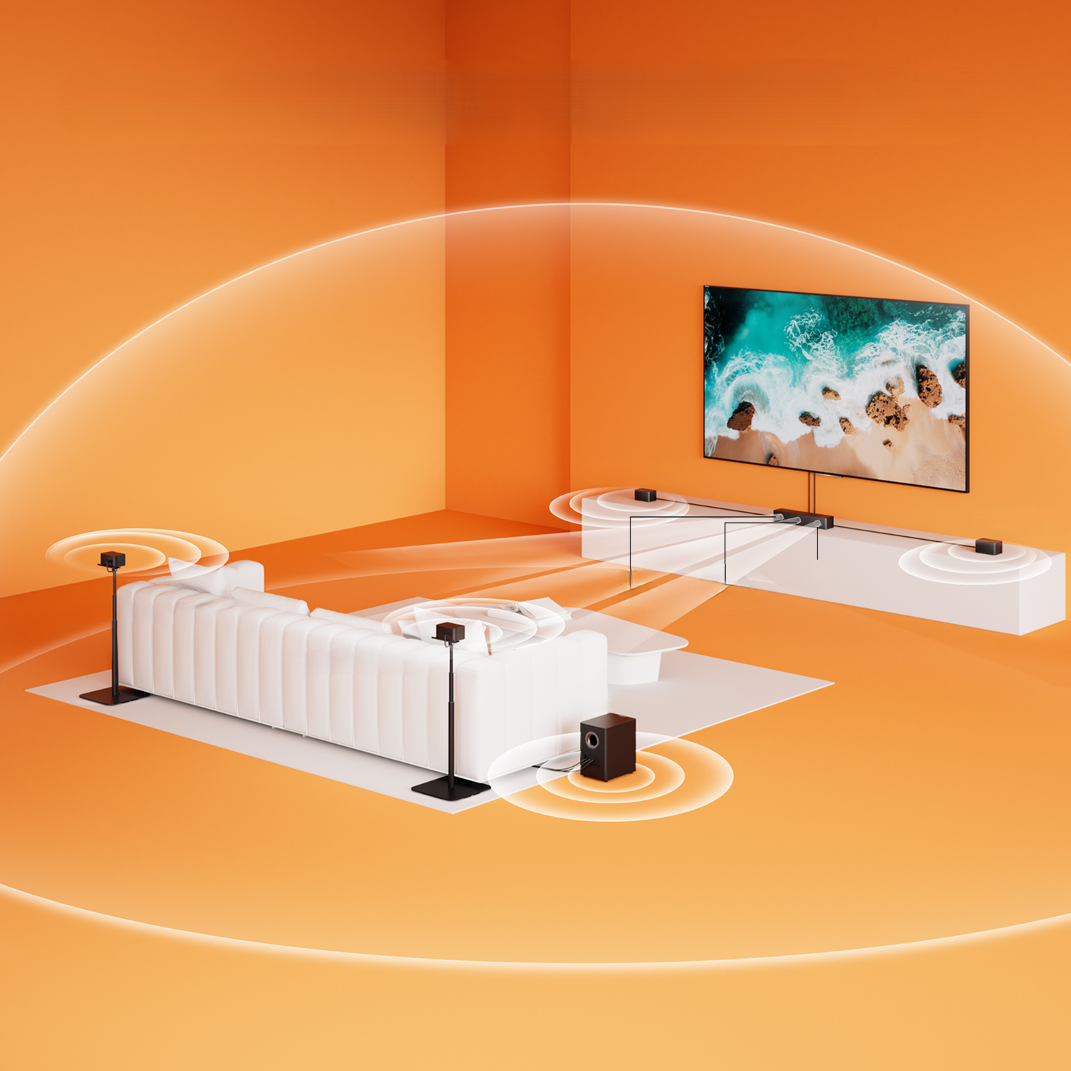 Salon z telewizorem, systemem dźwiękowym i białą sofą.