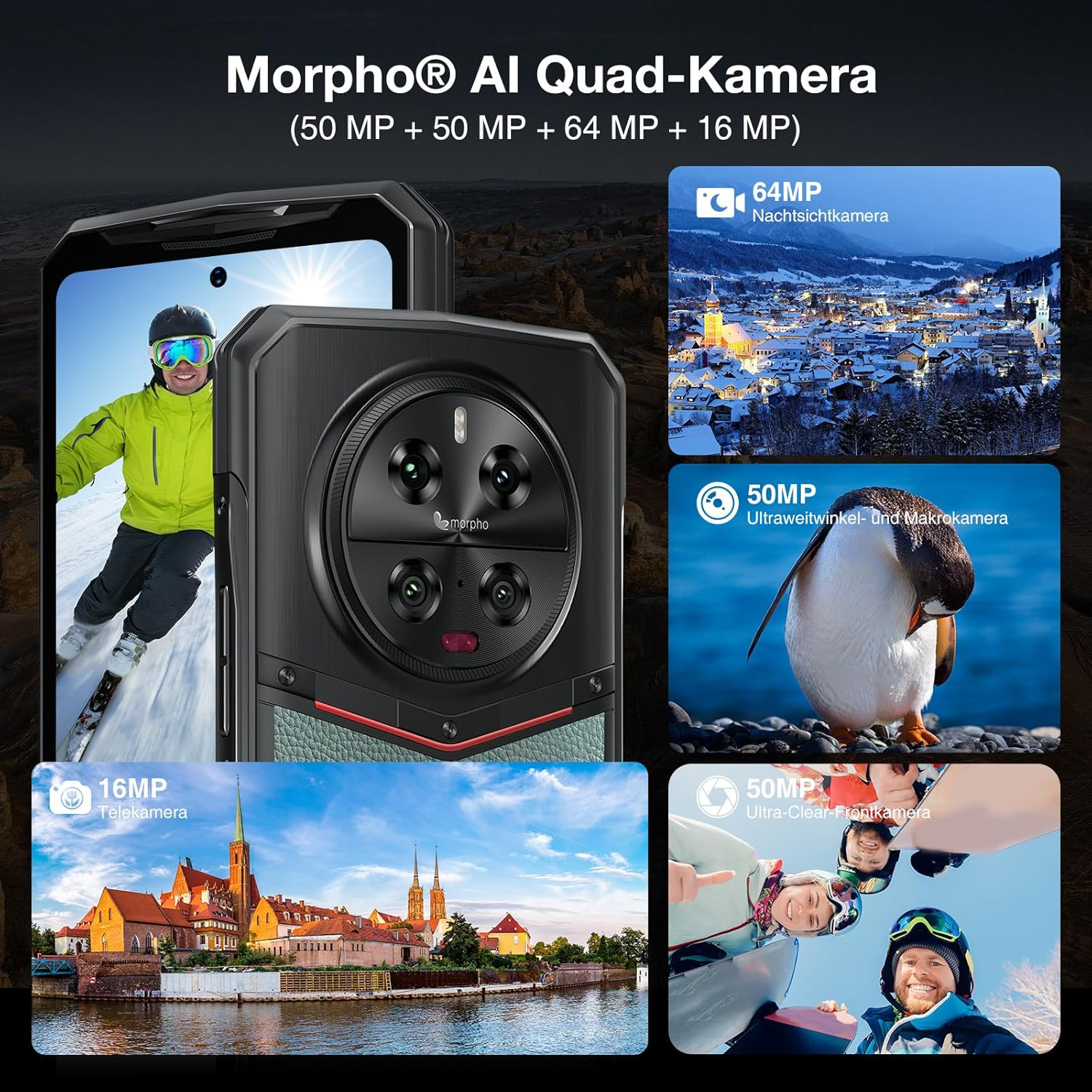 Telefon mit mehreren Bildern, die Telefonfunktionen zeigen, darunter ein Skifahrer, ein Pinguin und eine Stadt.