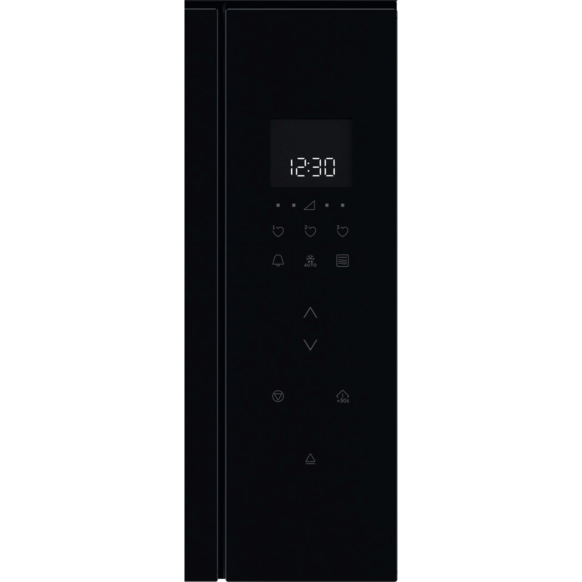 Pannello di controllo forno nero con display orologio digitale e icone delle funzioni.