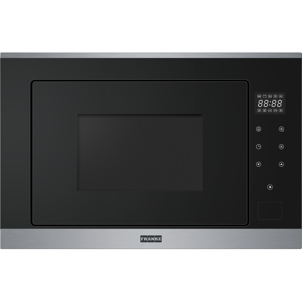 Forno a microonde nero con display digitale. Barra argentata in basso, porta nera.