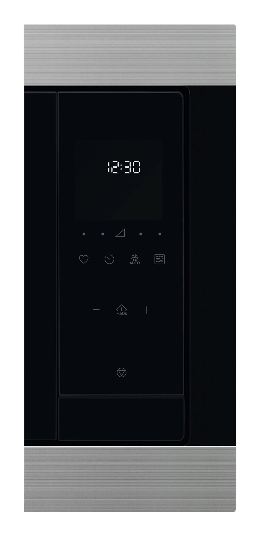 Zbliżenie panelu sterowania kuchenki mikrofalowej z wyświetlaczem cyfrowym i przyciskami.