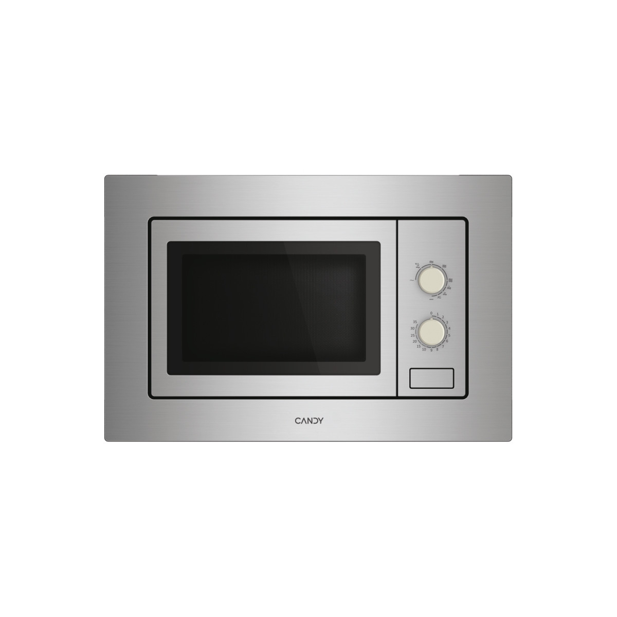 Srebrna kuchenka mikrofalowa Candy z pokrętłami i cyfrowym wyświetlaczem. Białe tło.