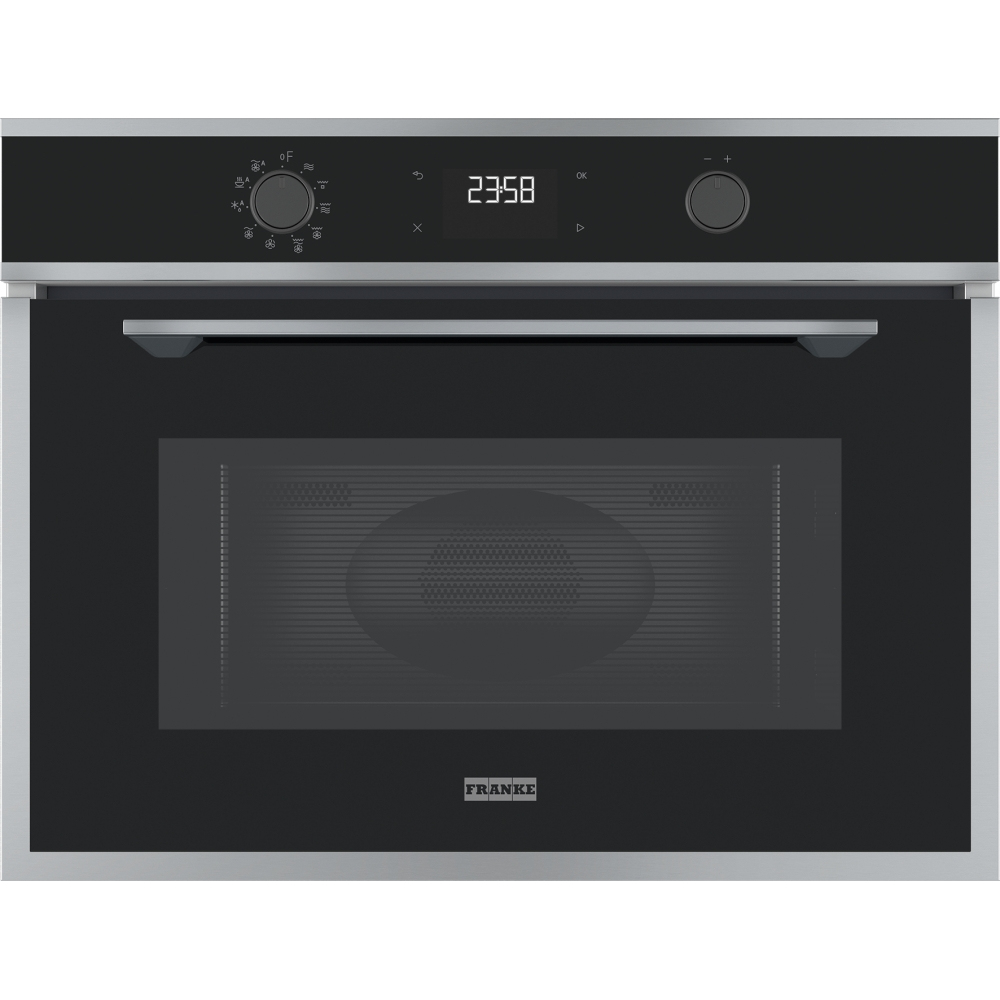 Forno a incasso nero con pannello di controllo, display digitale e porta in vetro.