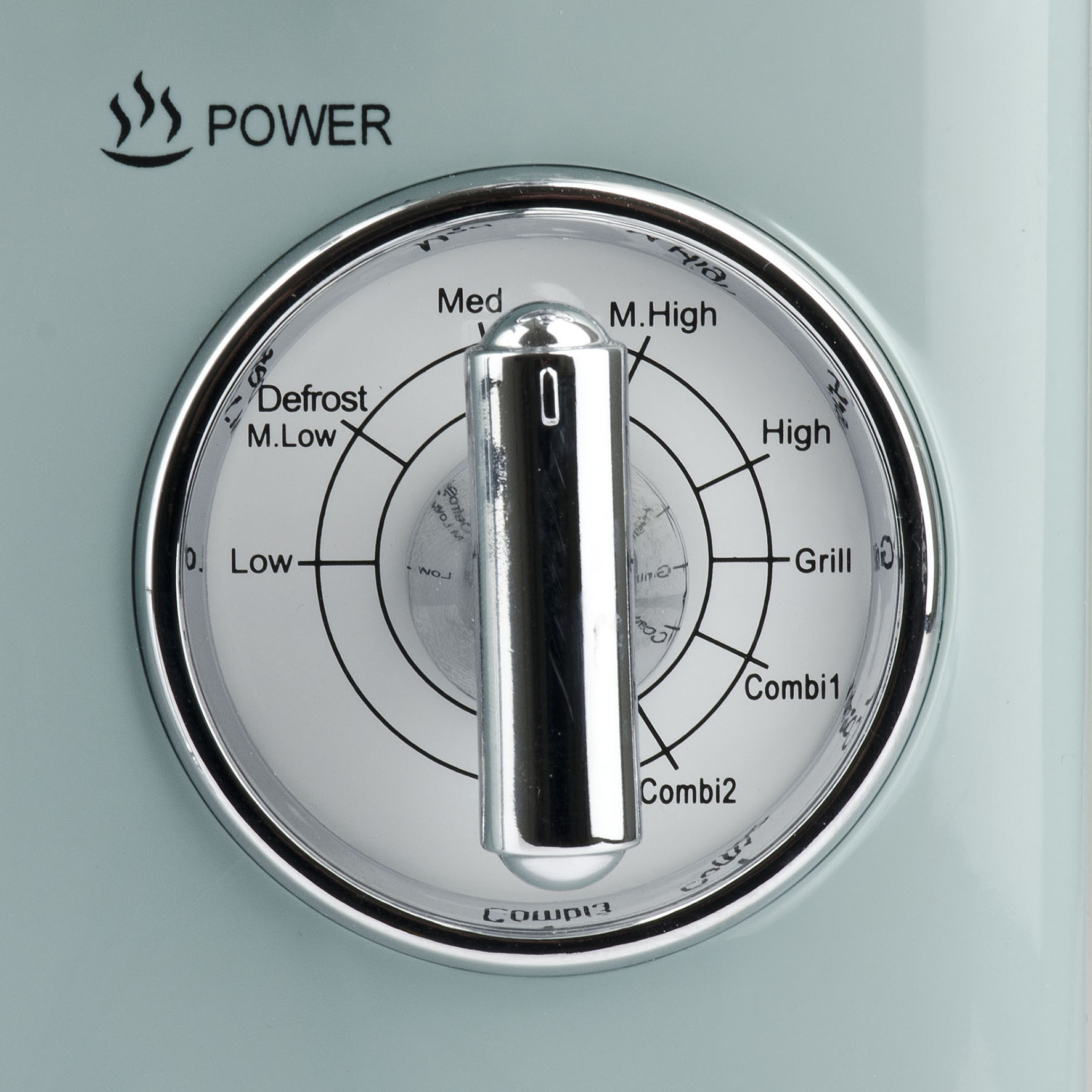 Pokrętło sterowania kuchenką mikrofalową. Jasnoniebieskie z ustawieniami mocy i trybów gotowania.