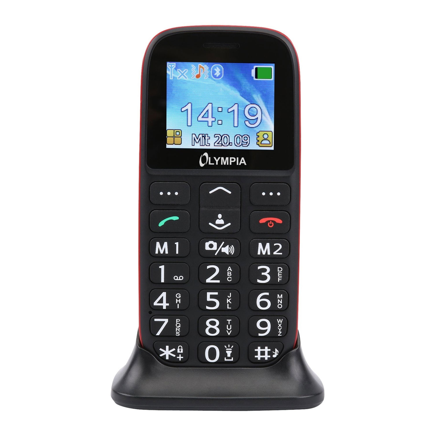 Telefon komórkowy Olympia z dużymi przyciskami. Telefon ma czerwoną ramkę i czarną podstawę.