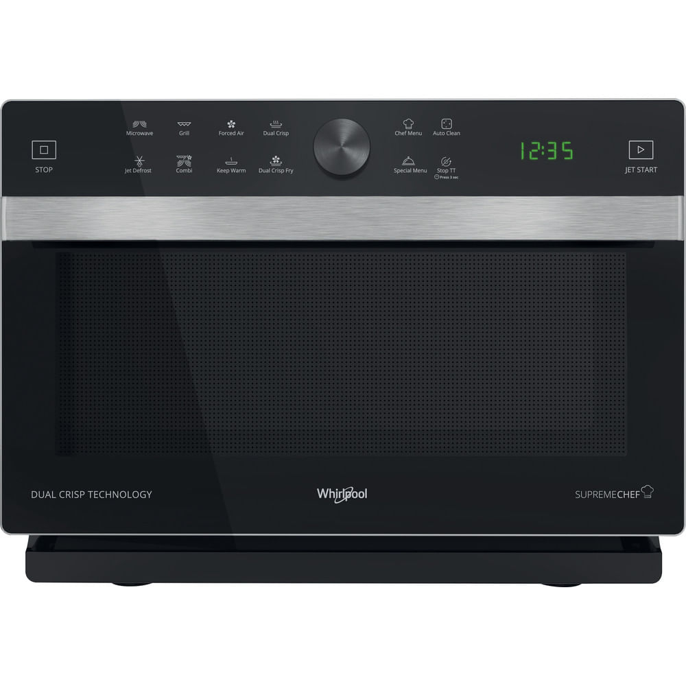 Zwarte magnetron, digitaal display toont tijd. Knoppen voor stop, magnetron, grill en kookmodi.