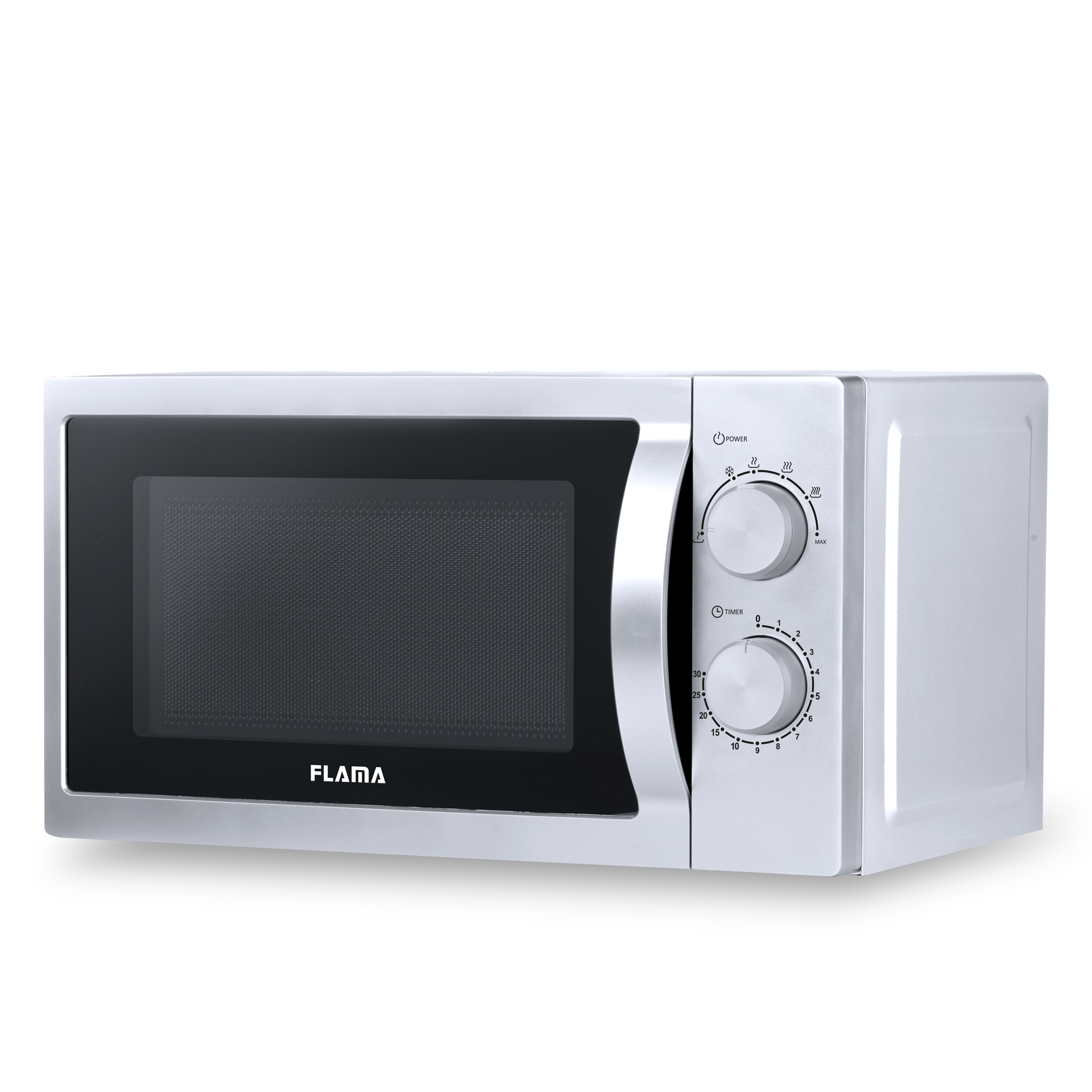 Microondas blanco con puerta y panel de control negros. Mango plateado. Fondo blanco.