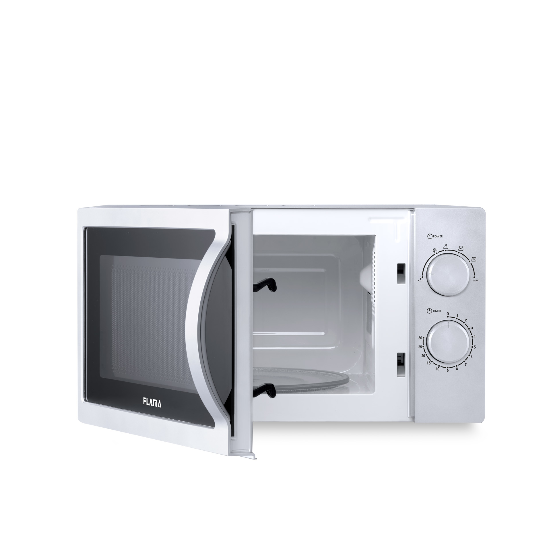 Horno microondas blanco, abierto. La puerta está abierta. El panel de control tiene dos perillas.