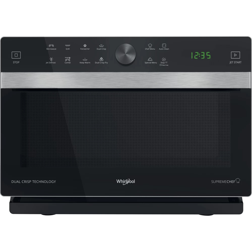 Forno a microonde Whirlpool con parte anteriore nera, finiture in acciaio inox e display digitale che mostra l'ora.