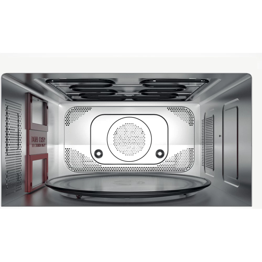 Interno del microonde: piatto in vetro, elementi riscaldanti e pannello Dual Crisp.