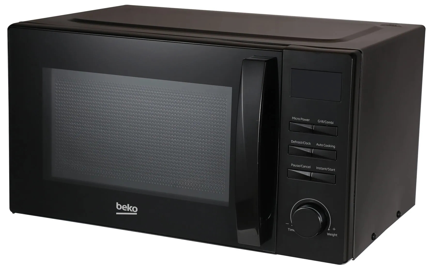Un forno a microonde nero con porta e comandi neri. Il marchio 'beko' è visibile.