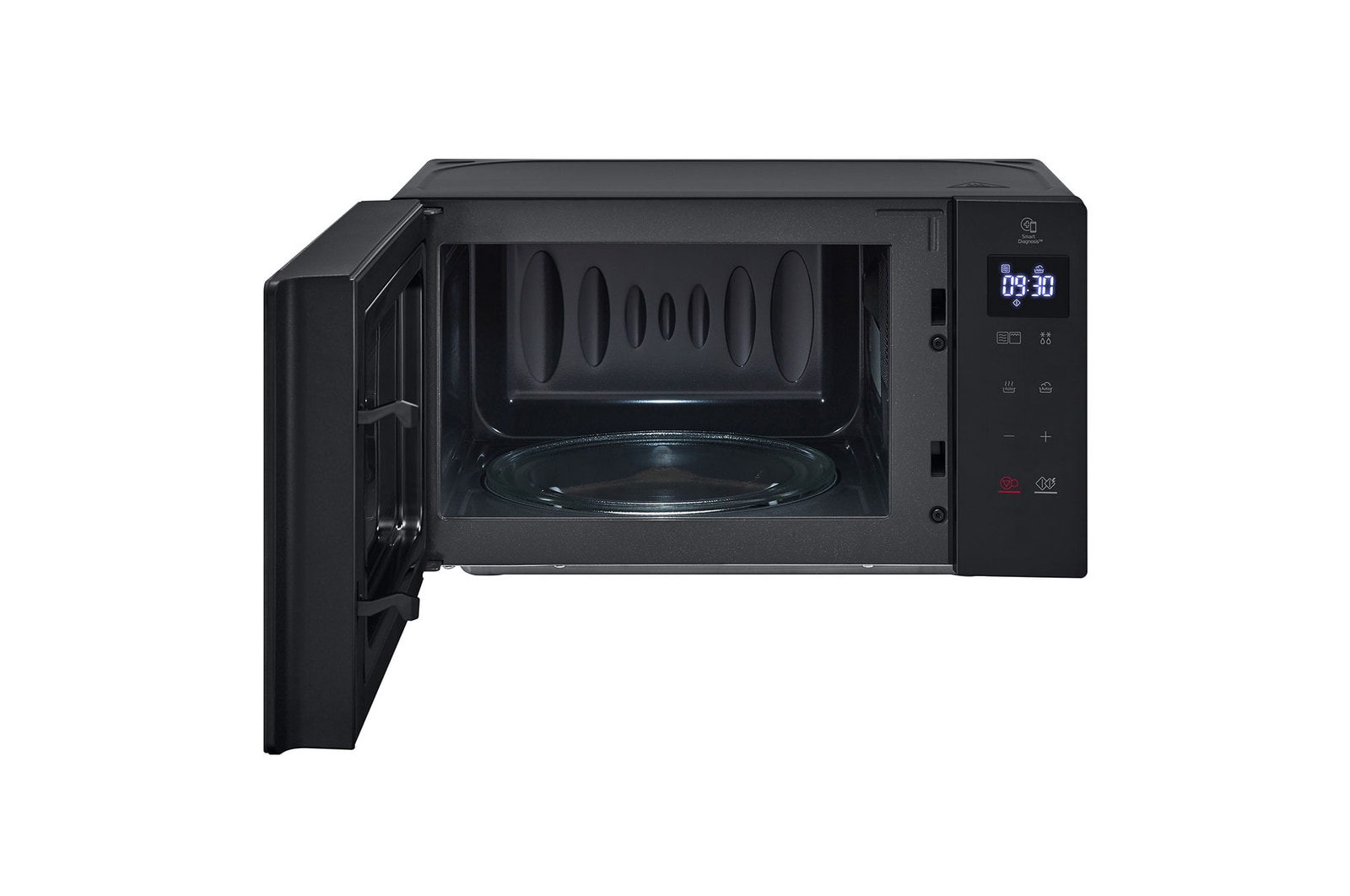 Black microwave with open door, interior visible, and a digital display showing 09:30.