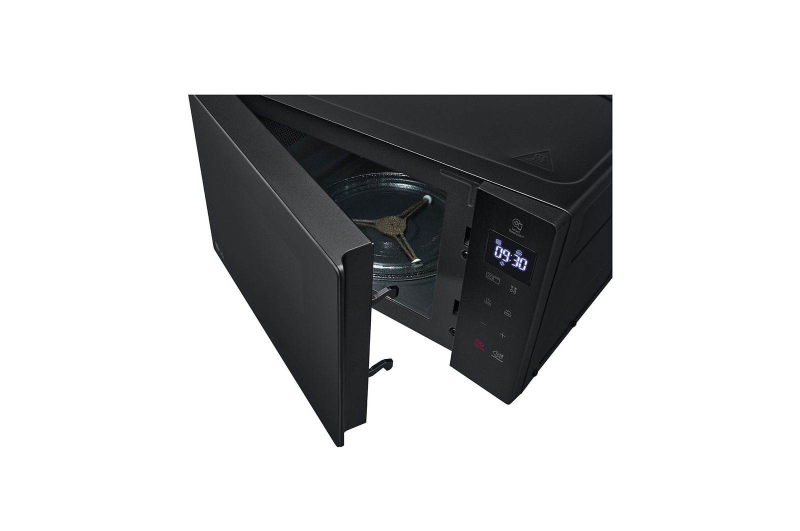 Black microwave with door open, showing interior and digital display.