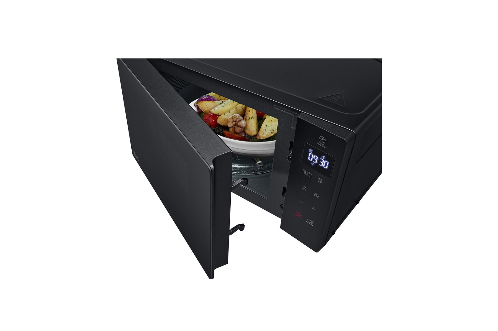 A black microwave with its door open, revealing a plate of food inside.