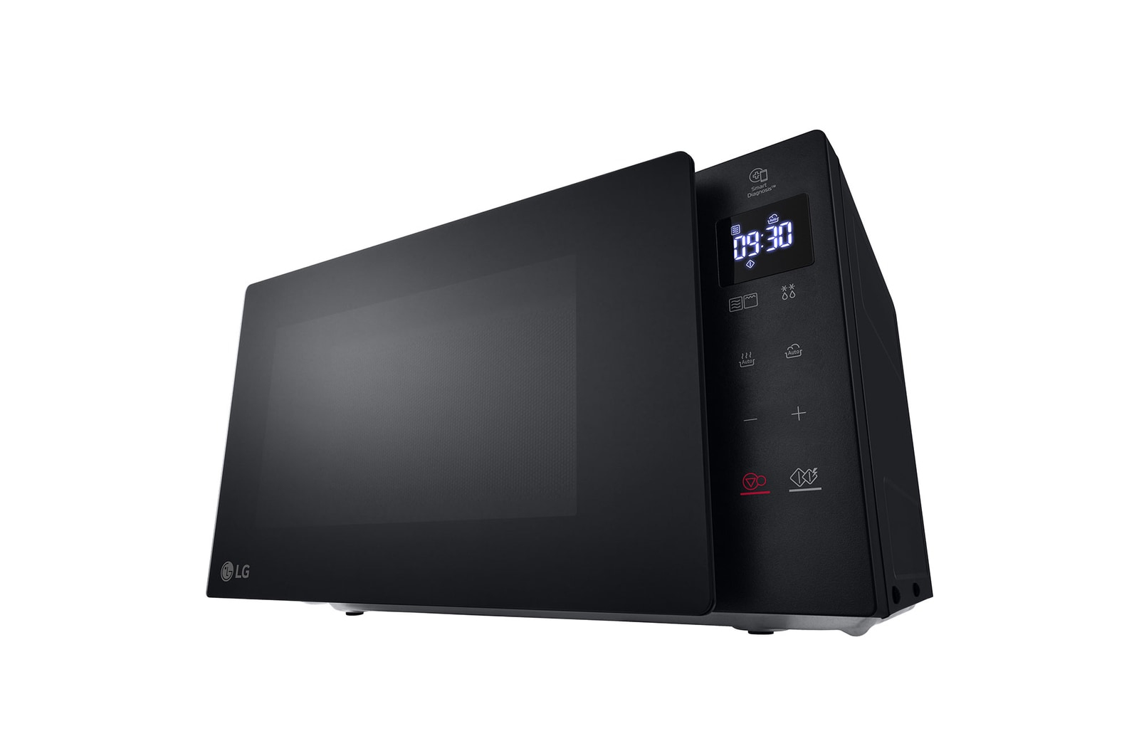Black LG microwave with angled view showing the door, control panel and display. White background.