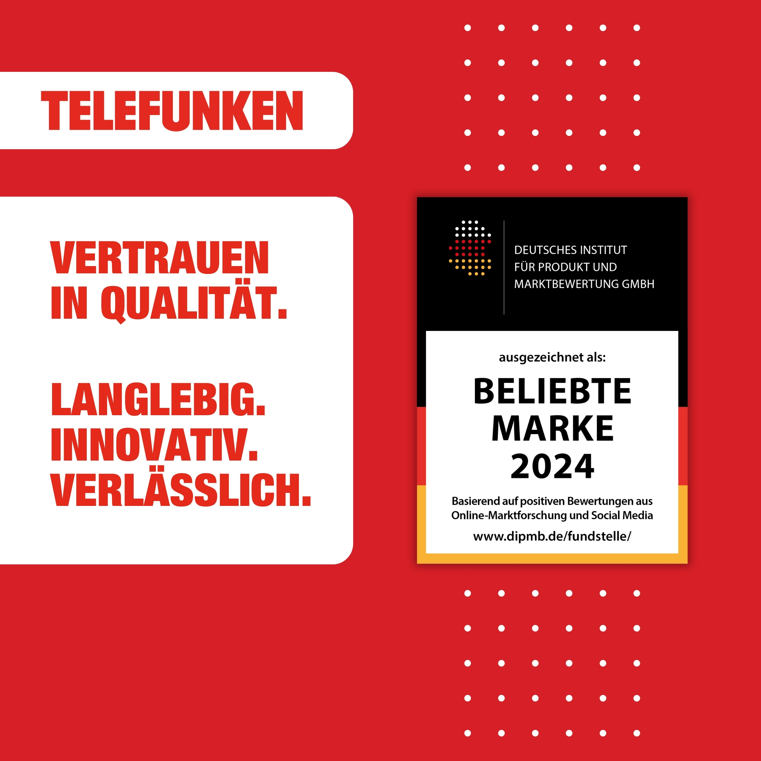 Telefunken-Werbung mit Text: Vertrauen in Qualität, langlebig, innovativ, zuverlässig. Auszeichnung.