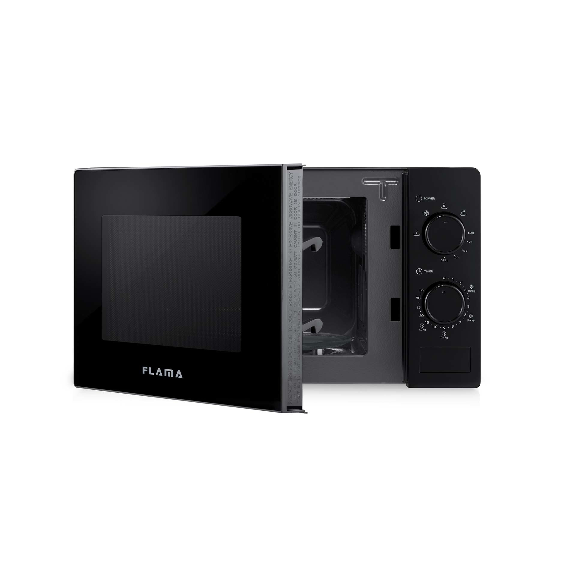 Czarna kuchenka mikrofalowa z otwartymi drzwiami. Panel sterowania po prawej, marka FLAMA, z pokrętłami. Białe tło.