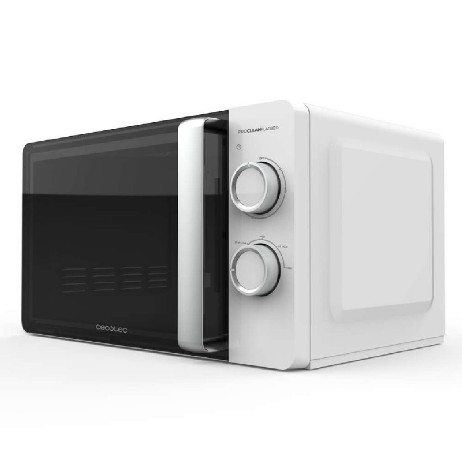 Biało-czarna kuchenka mikrofalowa. Dwa pokrętła i wyświetlacz cyfrowy z przodu.