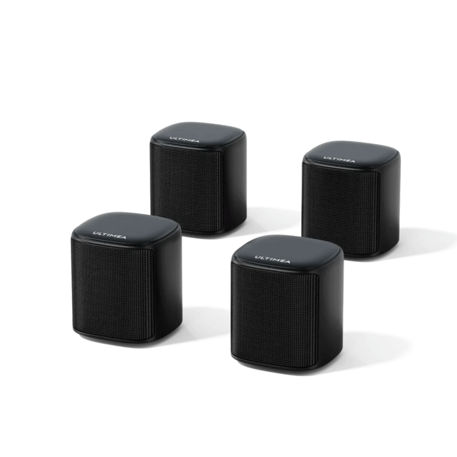 Cztery czarne głośniki Ultimea na białym tle.