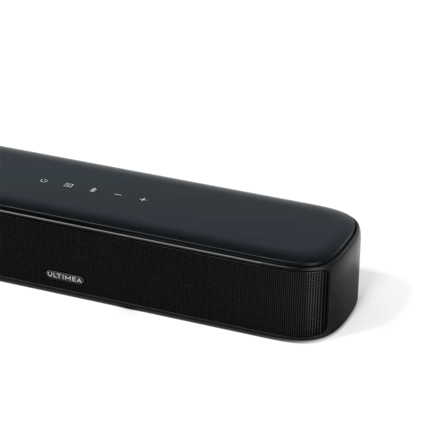 Czarny soundbar, logo Ultimea, przyciski i siatkowy przód.